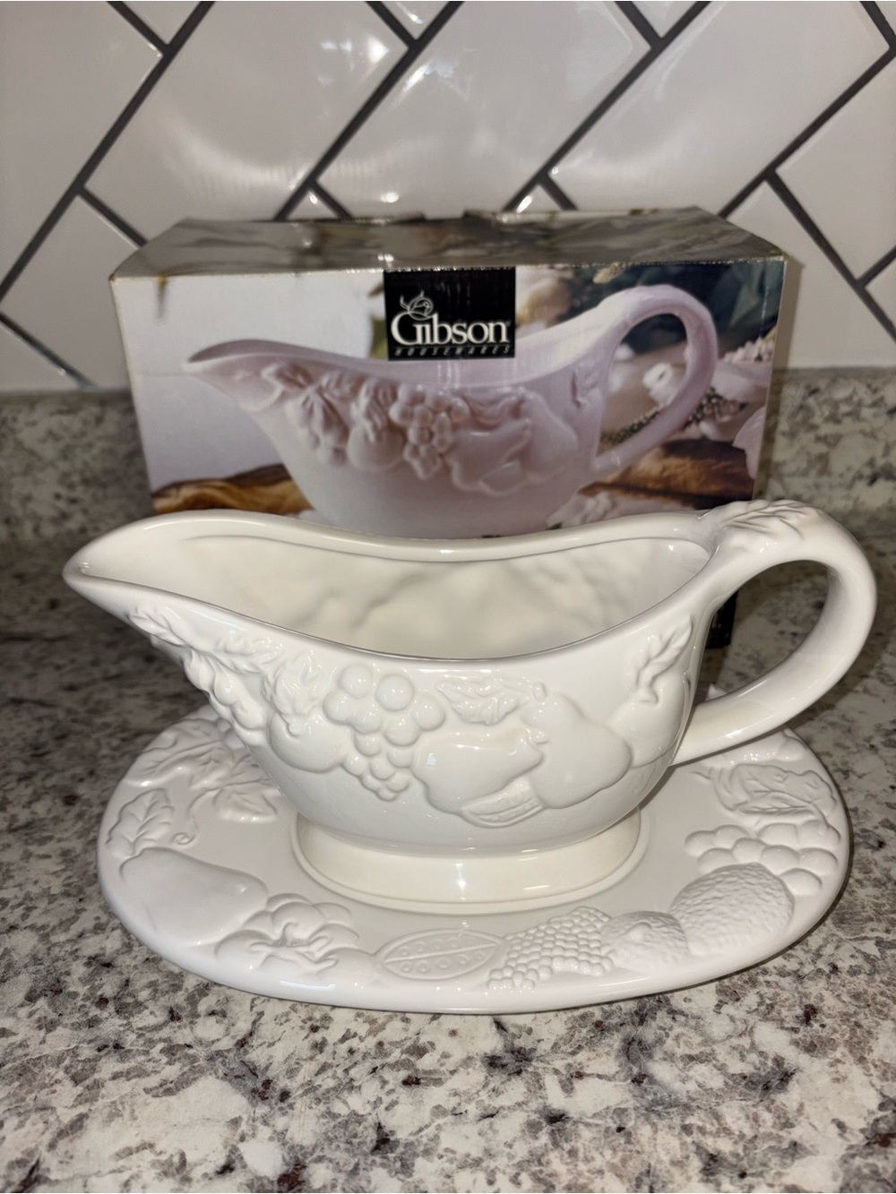 Vintage 1997 Gibson White Fruitful Embossed 1 3/4 Gravy Boat with Saucer Plate